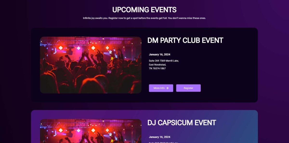 Nightclub concert event website free elementor template DMmotionarts 2